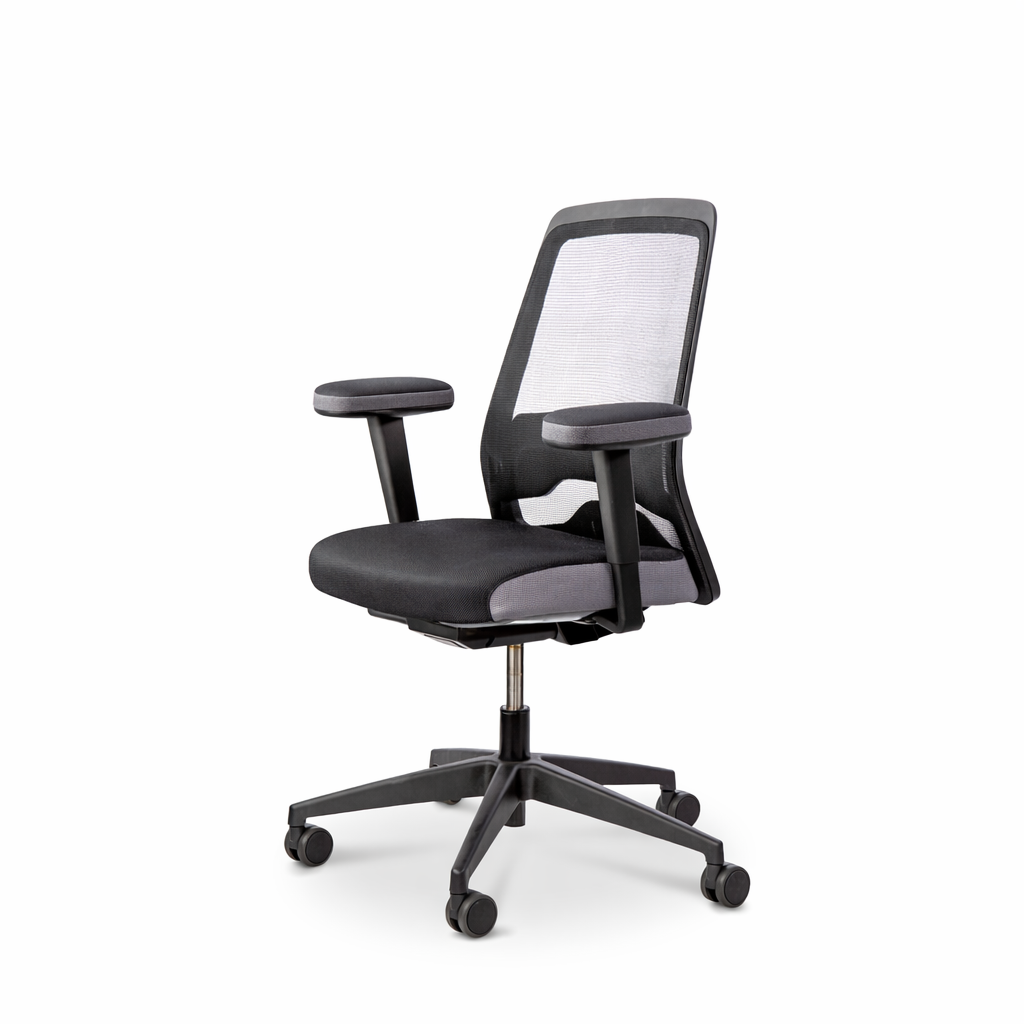 Office chair fitted with black faux leather armrest pads, viewed at an angle