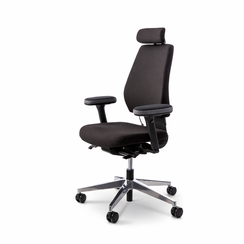 Office chair with headrest fitted with faux leather armrest pads, side view