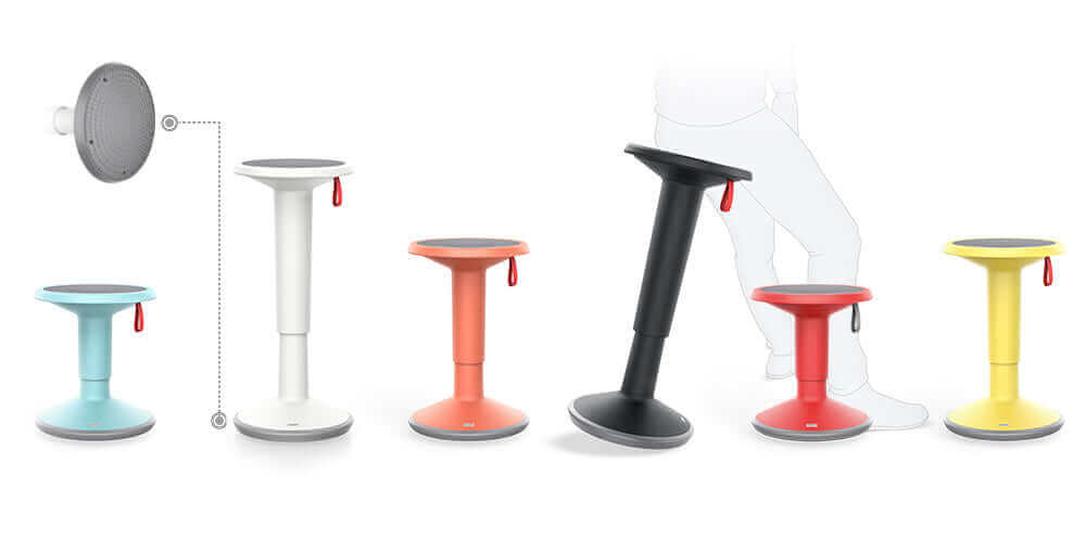 Line-up of UPis1 active chairs in turquoise, white, red, black and yellow
