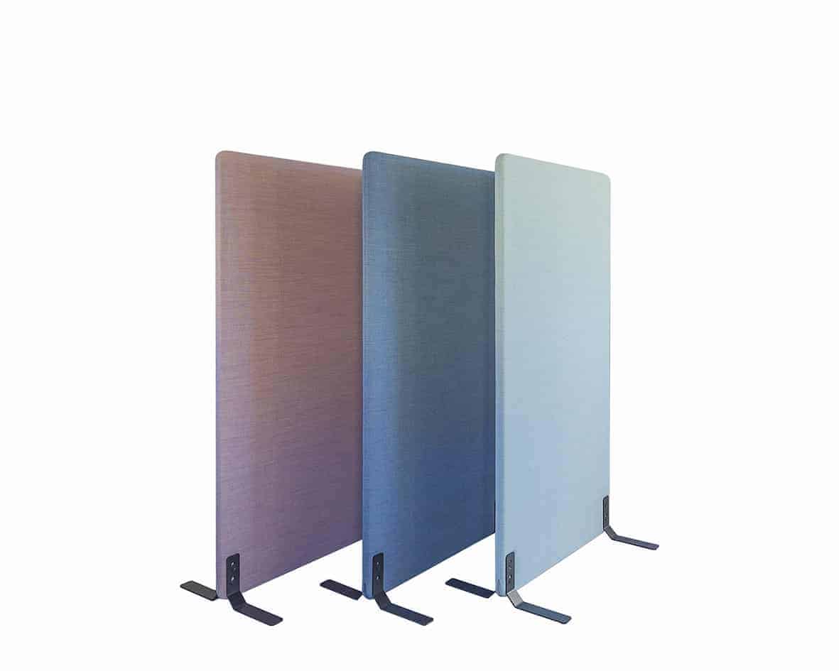MUTE acoustic floor screens in blue, grey and light blue fabrics