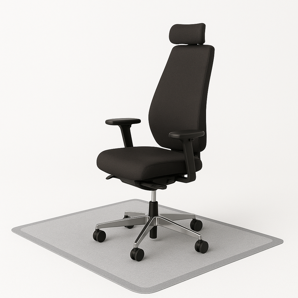 Office chair standing on a transparent sit and stand chair mat