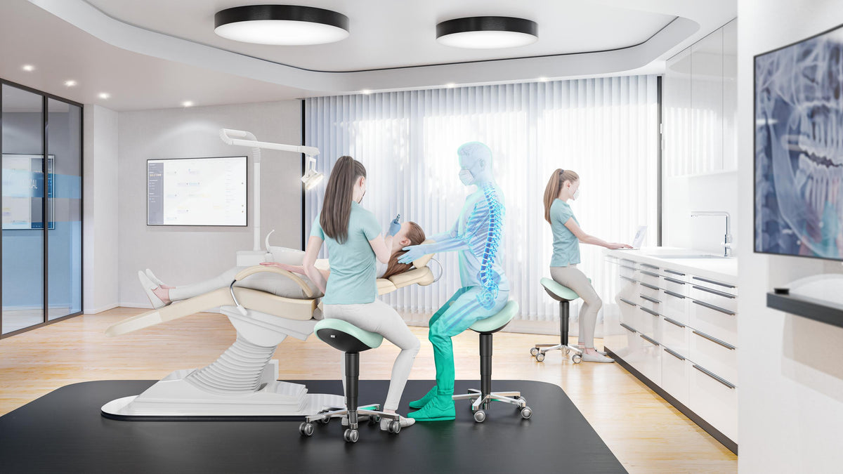 Visualisation of a laboratory workstation with a black saddle chair