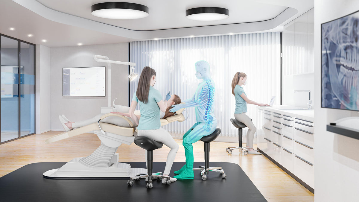Visualisation of a laboratory with black saddle stools at workstations