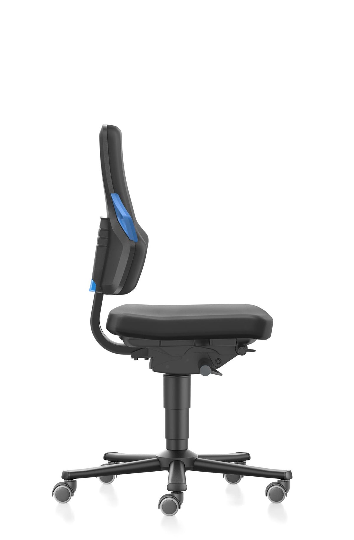 Nexxit work chair viewed from the side, showing the gas lift and foot ring