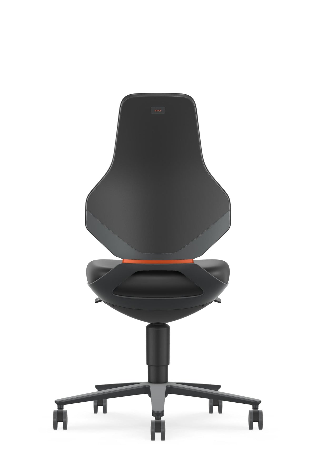 Texon work chair with castors seen from the front, showing the backrest shape