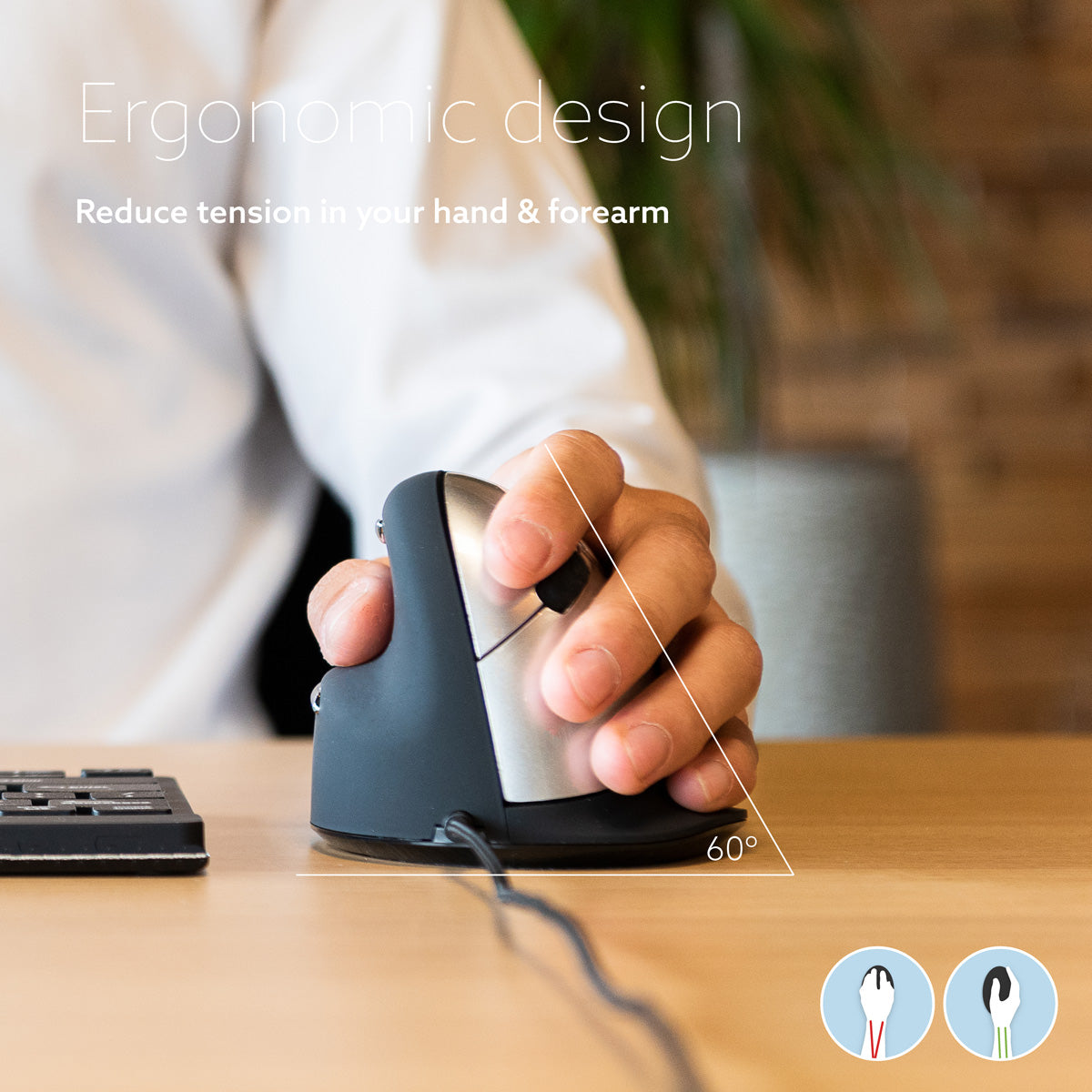 Graphic titled Ergonomic design showing a hand gripping the HE Mouse