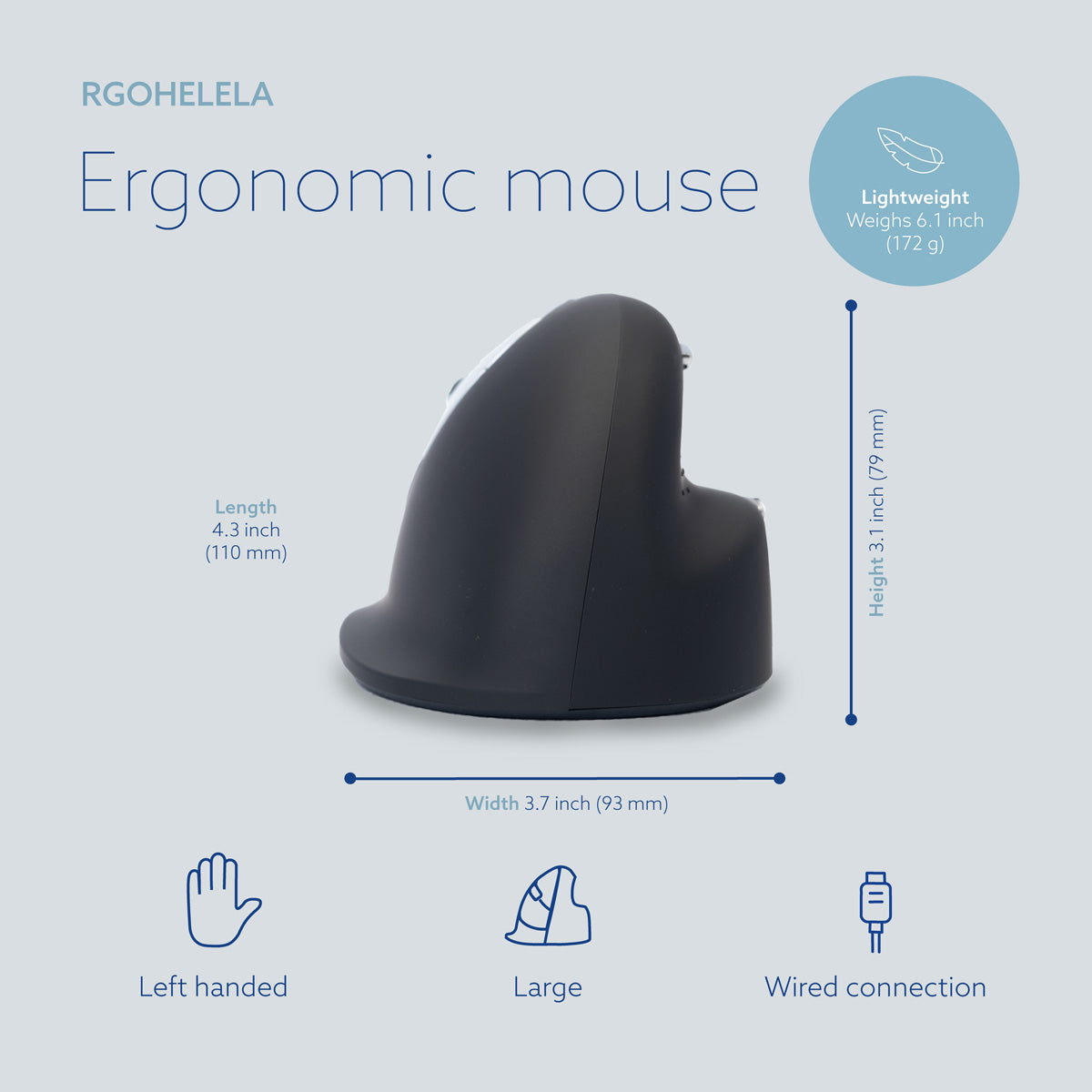 Product graphic showing the HE Mouse dimensions and connection options
