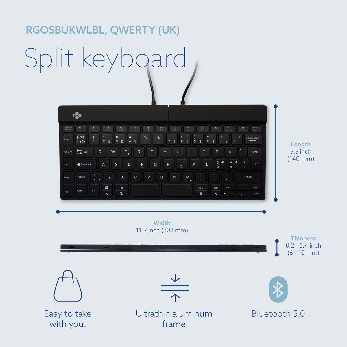 Product graphic explaining the Ergo-R split keyboard layout, aluminium frame and Bluetooth connection