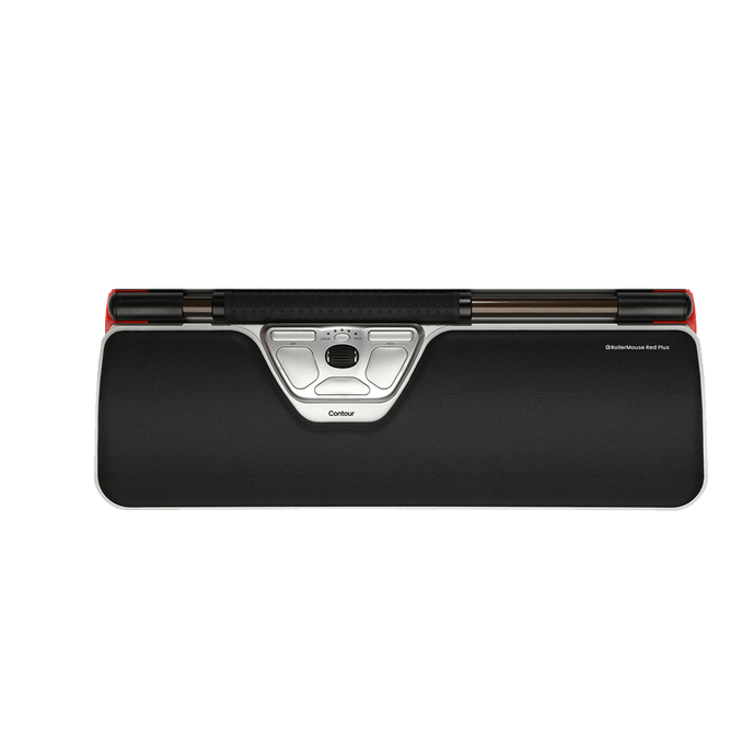 RollerMouse Red Plus ergonomic wired mouse with vegan leather wrist rest for computer use and screen adaptability.
