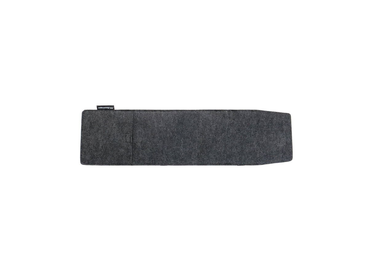 Grey felt protective sleeve for a laptop, viewed from the side