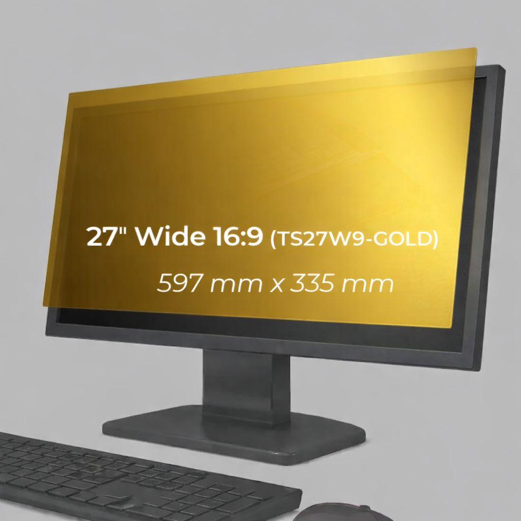 Monitor fitted with a 27 inch 16:9 gold privacy filter, with the screen size and dimensions labelled