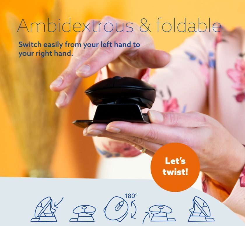 Graphic titled Ambidextrous and foldable showing the R-Go Twister mouse in use