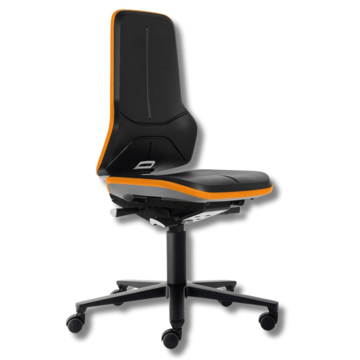 Ergonomic Neon 2 workplace chair with tilting backrest for industrial use, black and orange design with high adjustability.