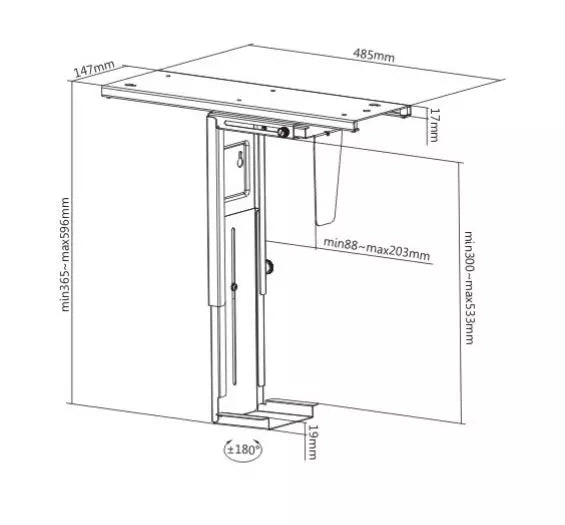 Technical drawing of the black CPU stand with mounting dimensions