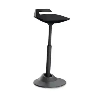 Muvman active chair in black microfibre with adjustable height and carrying handle, designed for versatile sitting and standing positions.