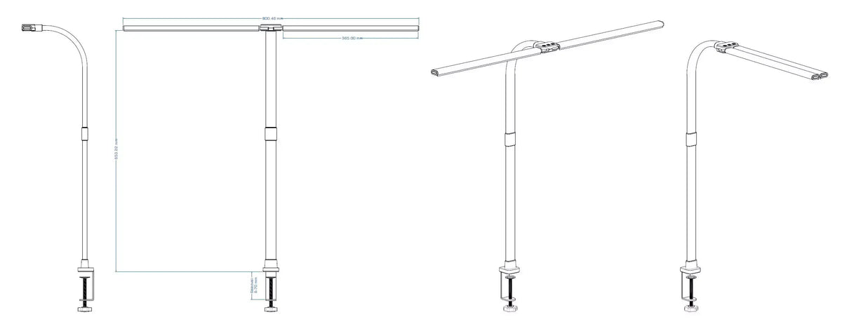 Diagram of adjustable dual-headed LED desk lamp showcasing flexible arm positions and mounting options.