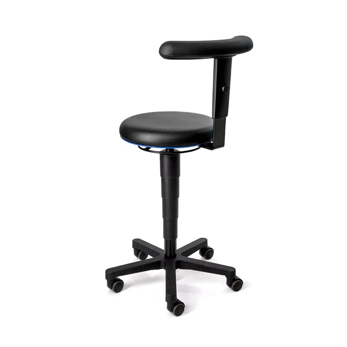 CleanErgo Stool with artificial leather, ergonomic design for industrial use, by Bimos, featuring adjustable height and mobility.