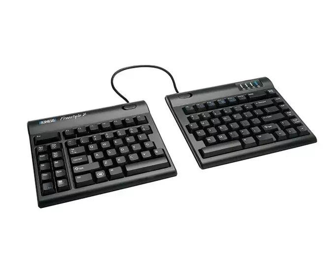 Kinesis Freestyle 2 split keyboard in black with the two halves connected by a cable