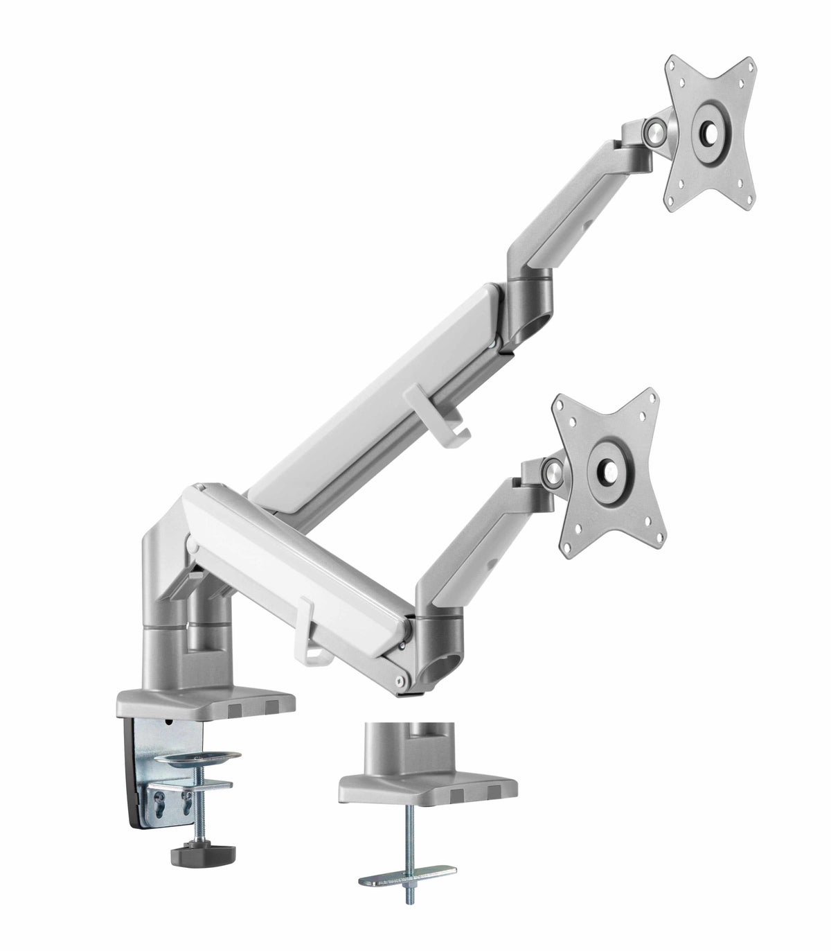 Dual monitor arm with gas spring, grey finish, designed for two screens, featuring secure clamps and adjustable arms.