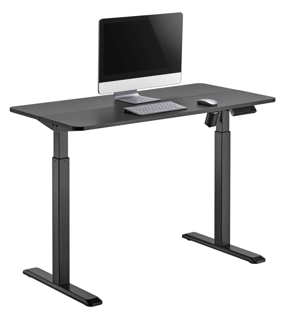Musta GetUpDesk Elite -sähköpöytä, pöydällä näyttö, näppäimistö ja hiiri