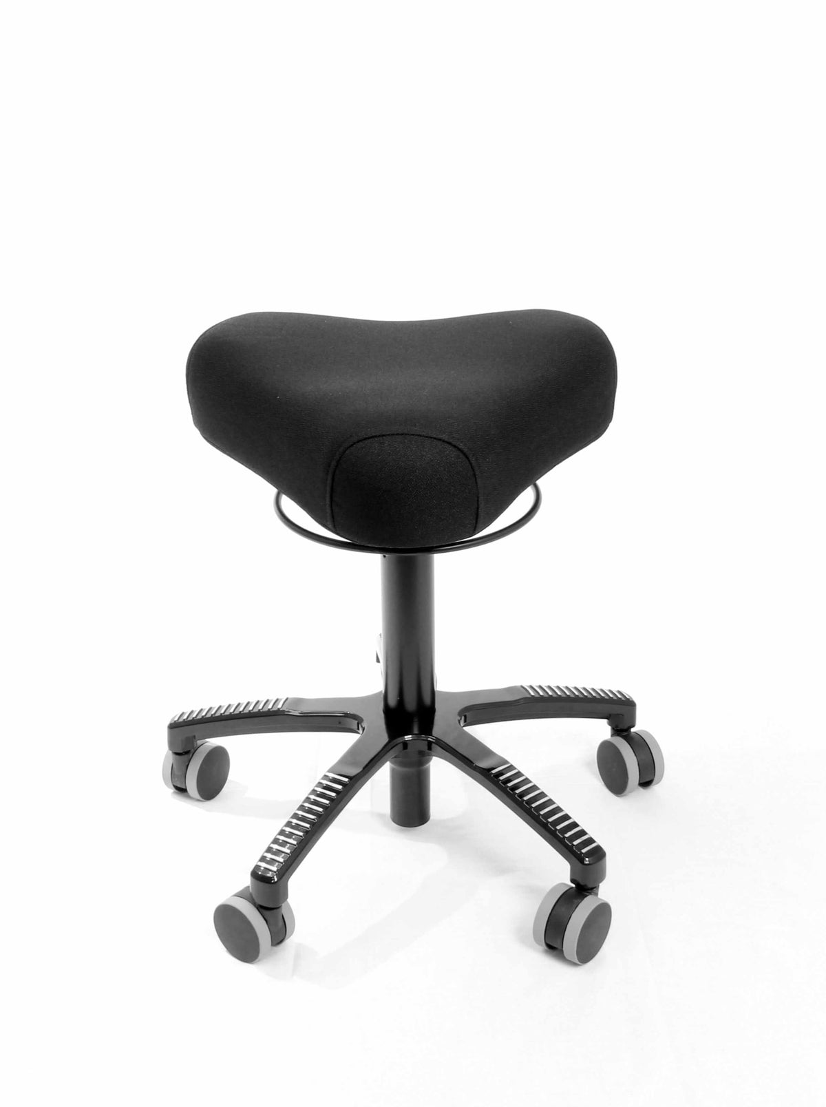 Bermuda chair with black fabric and triangular seat design on wheels, featuring comfortable thermo padding and elegant structure.