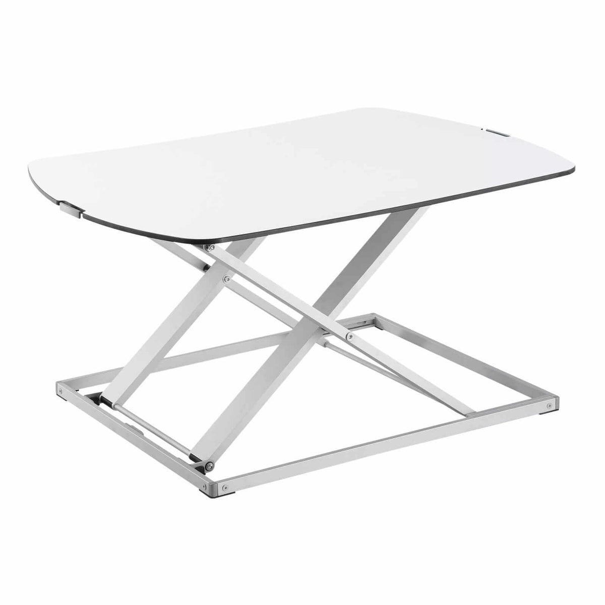 GetUpDesk Free adjustable tabletop in white, shown raised on its scissor frame