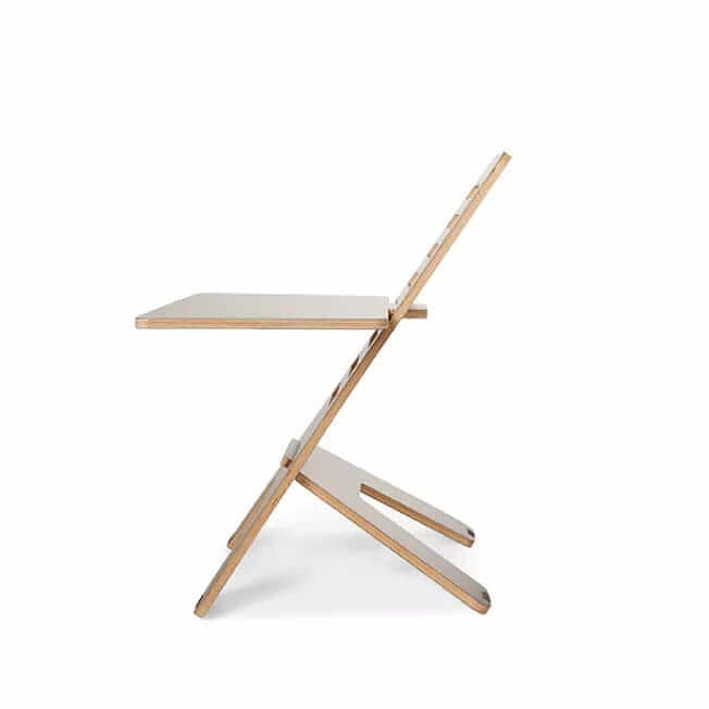 GetUpDesk Light wooden stand viewed from the side, showing the folding legs