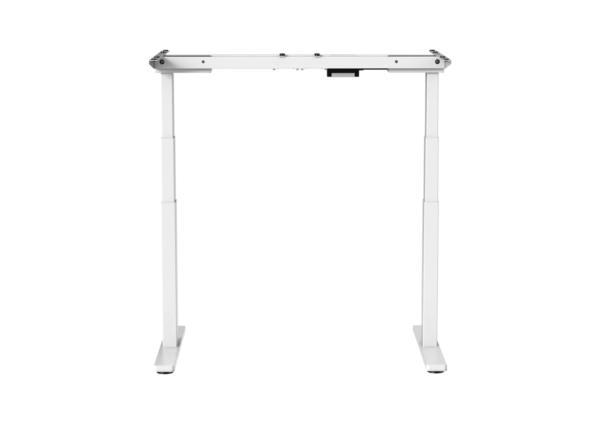 GetUpDesk Duo electric frame in white with adjustable legs for ergonomic workstations, featuring a high-quality, quiet mechanism.
