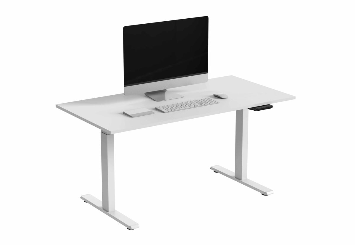 GetUpDesk Duo electric frame in white with adjustable legs and a minimalist desk setup featuring a computer monitor and keyboard.