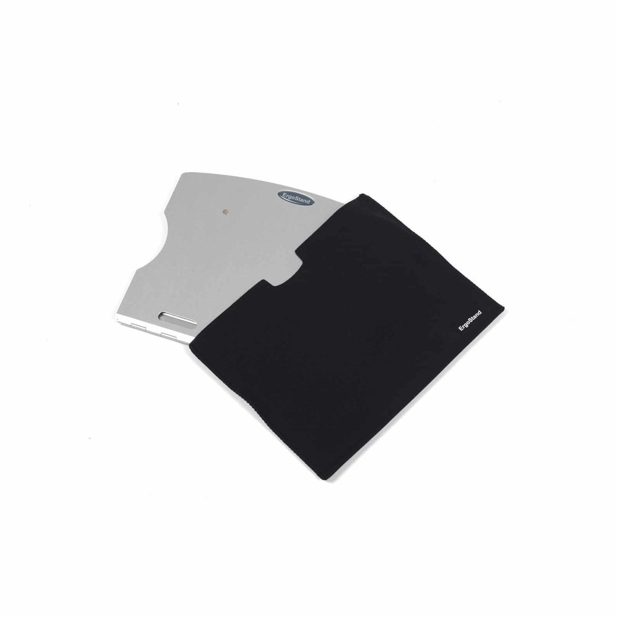 ErgoStand aluminium laptop stand shown flat in silver and black