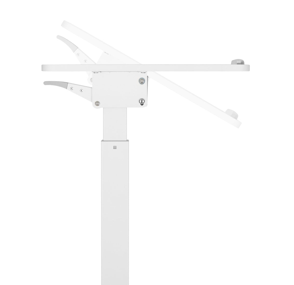 Close-up of the white column and tilt mechanism on the GetUpDesk Tilt desk