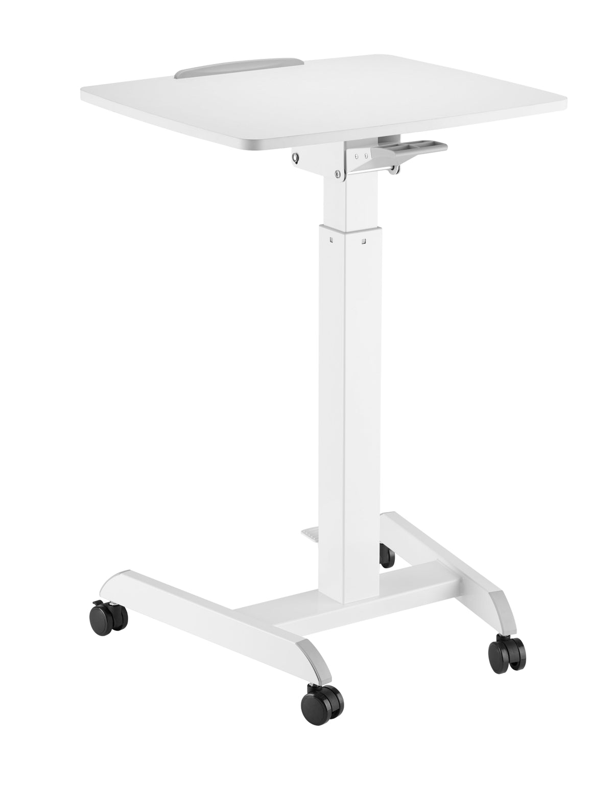 GetUpDesk Tilt adjustable desk seen from the front, showing the castor base