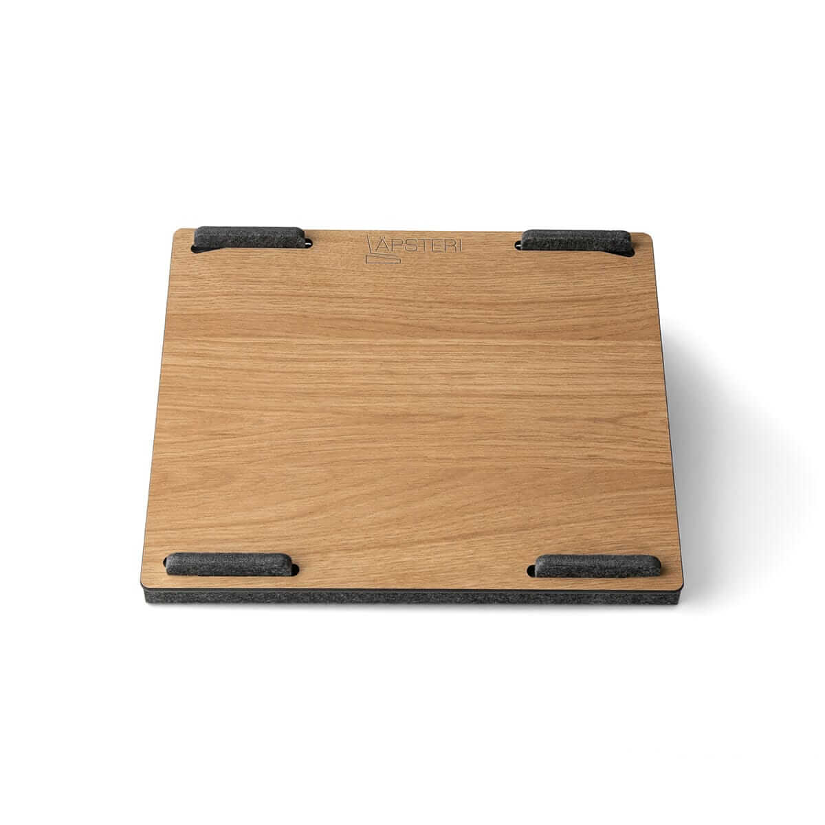 Lapsteri oak laptop stand seen from above, showing the timber surface