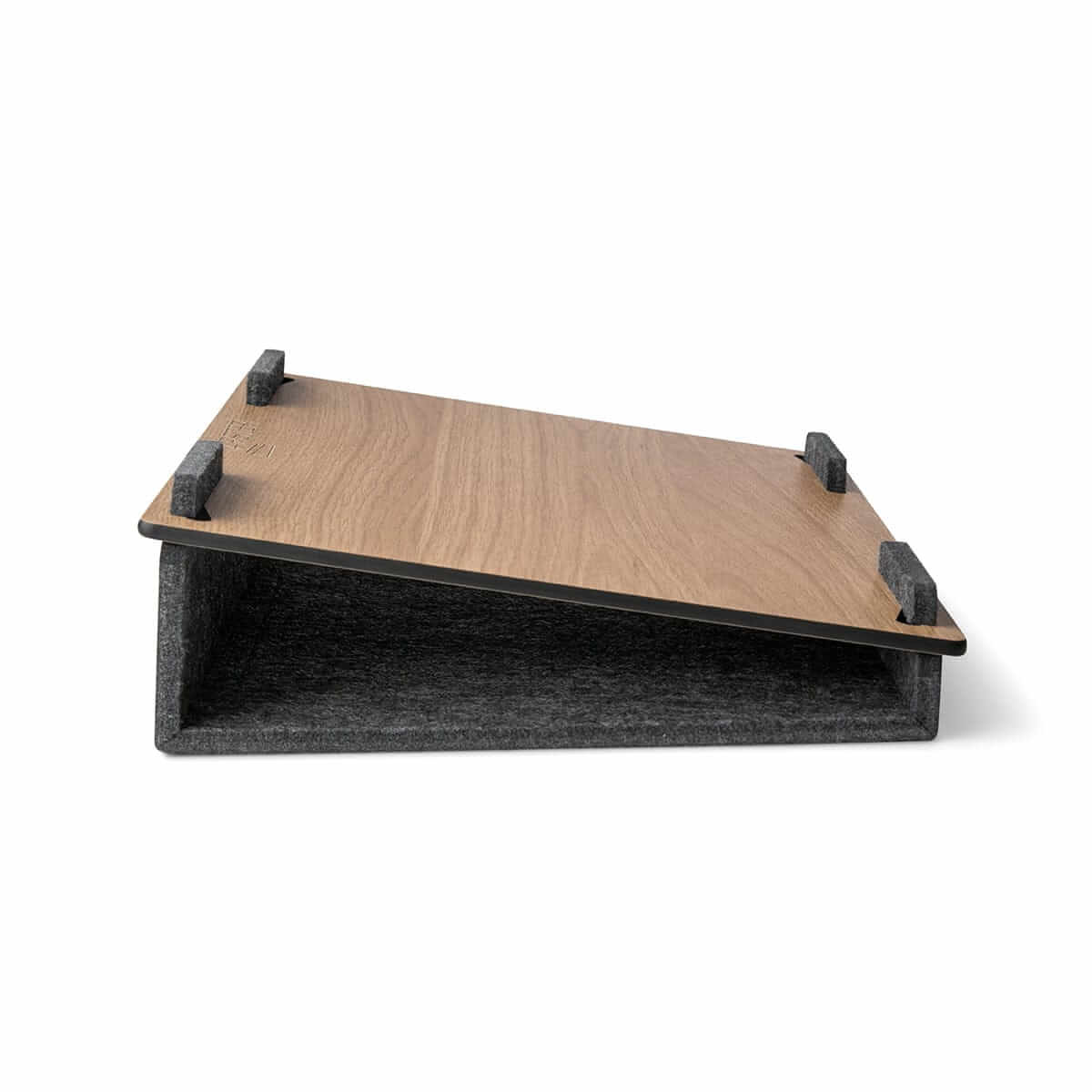 Lapsteri oak laptop stand viewed from the side, showing the cushioned base