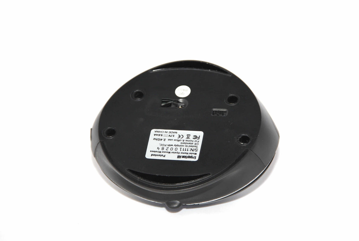 Bottom view of the OysterMouse ergonomic wireless mouse, showcasing its base design and product label.