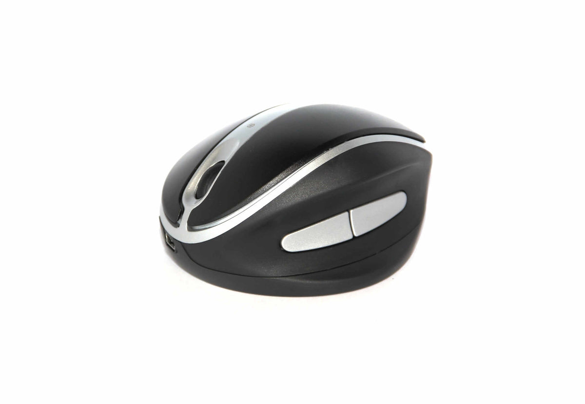 Ergonomic vertical wireless mouse with adjustable angles, designed for right and left-handed use in black and silver design.