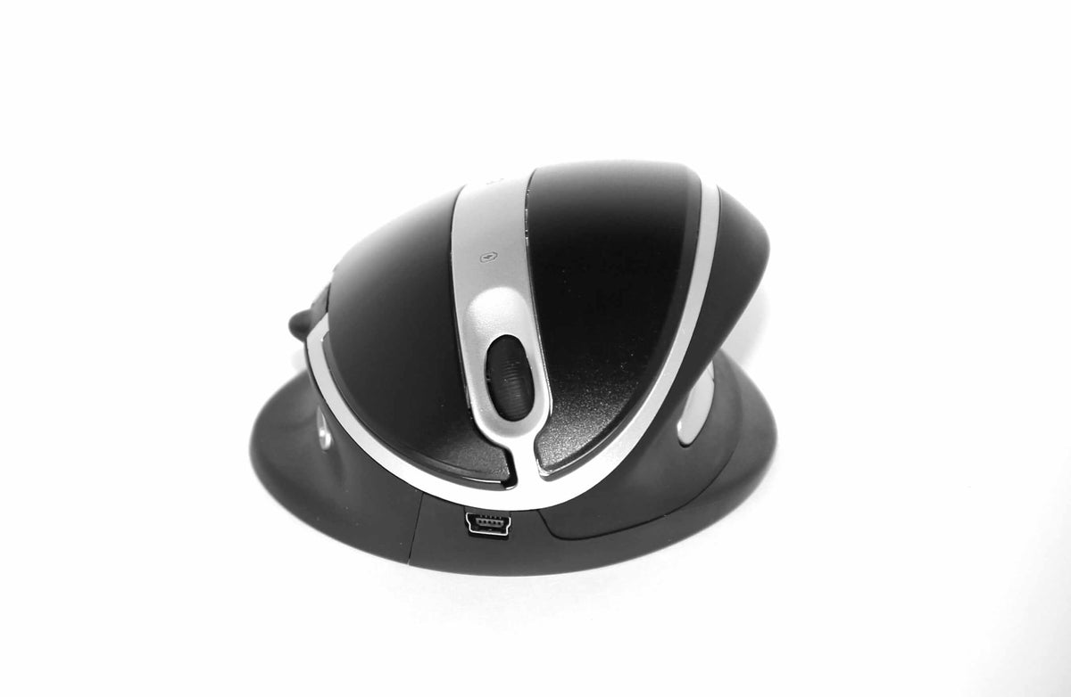 Ergonomic OysterMouse with adjustable angles, suitable for right and left-handed users, shown in sleek black and silver design.