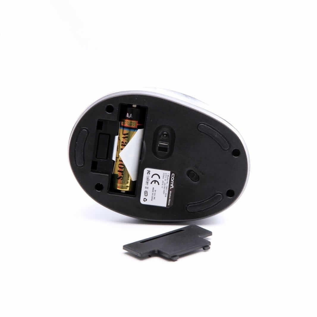 Underside of the Comfi 2 vertical mouse showing the battery compartment