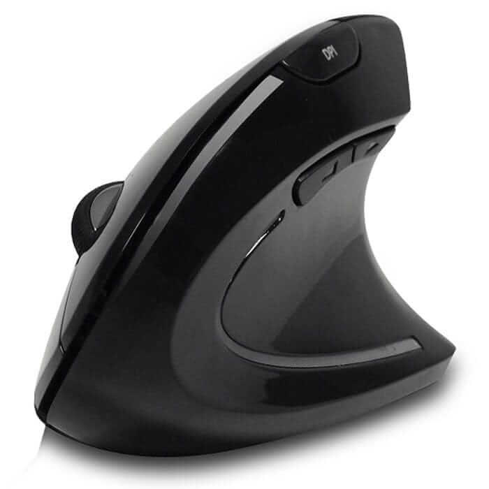 iMouse E10 wireless vertical mouse in black, viewed at an angle