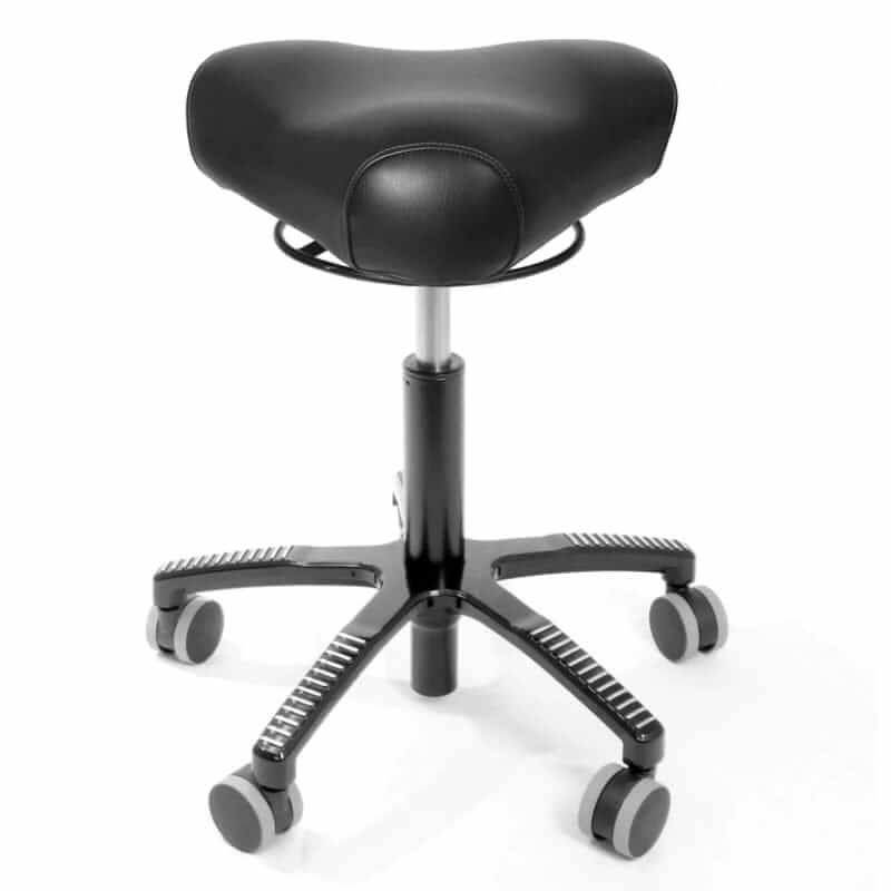 Bermuda chair with soft cushion, black artificial leather, ergonomic triangular design, on wheels for easy movement.