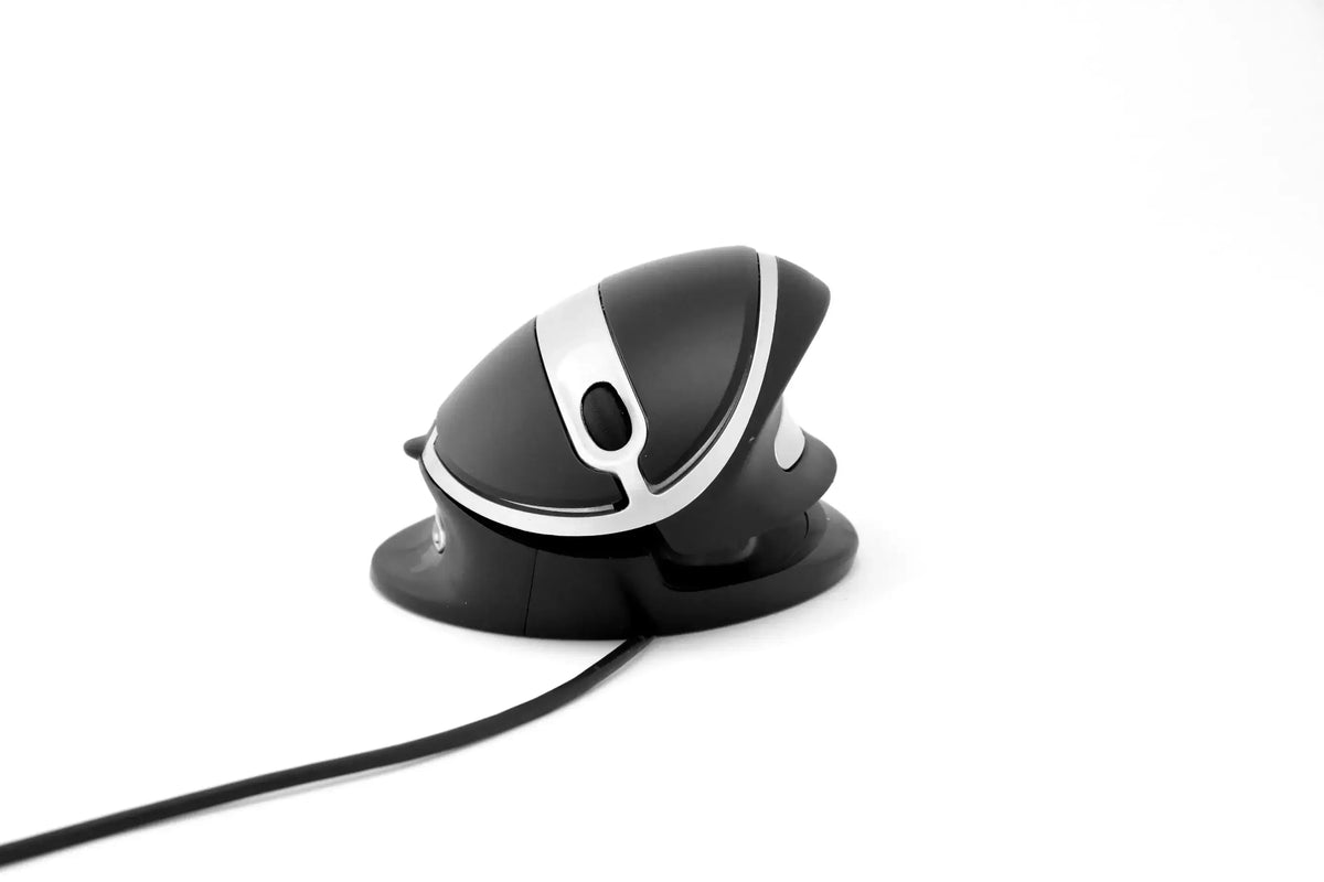Ergonomic OysterMouse adjustable vertical mouse for right and left-hand users in black and silver design.