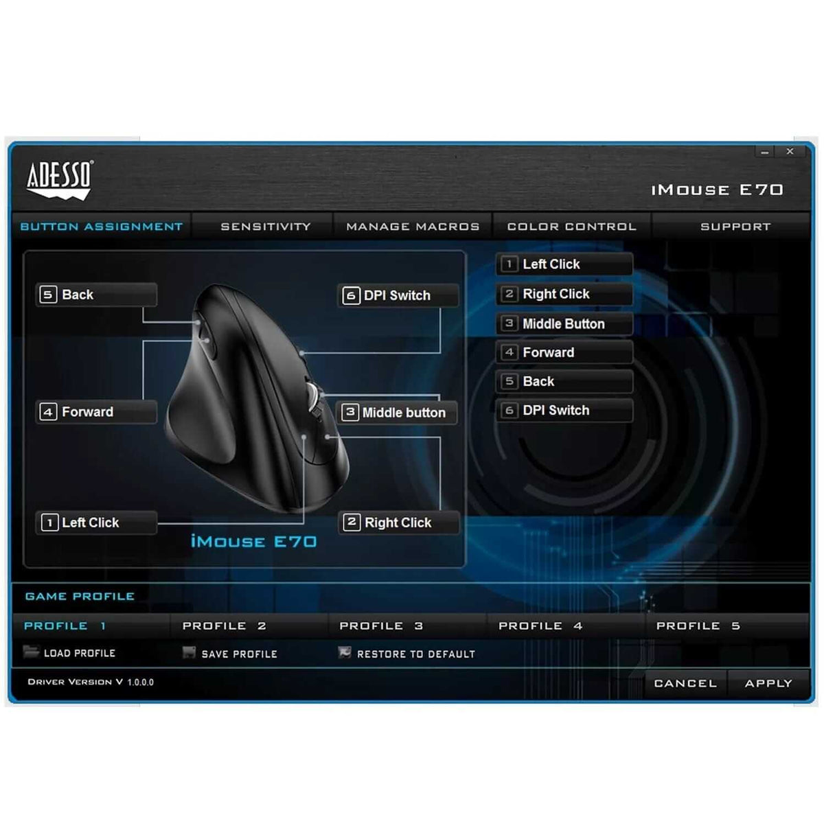 Screenshot of the iMouse E70 configuration software showing button assignments