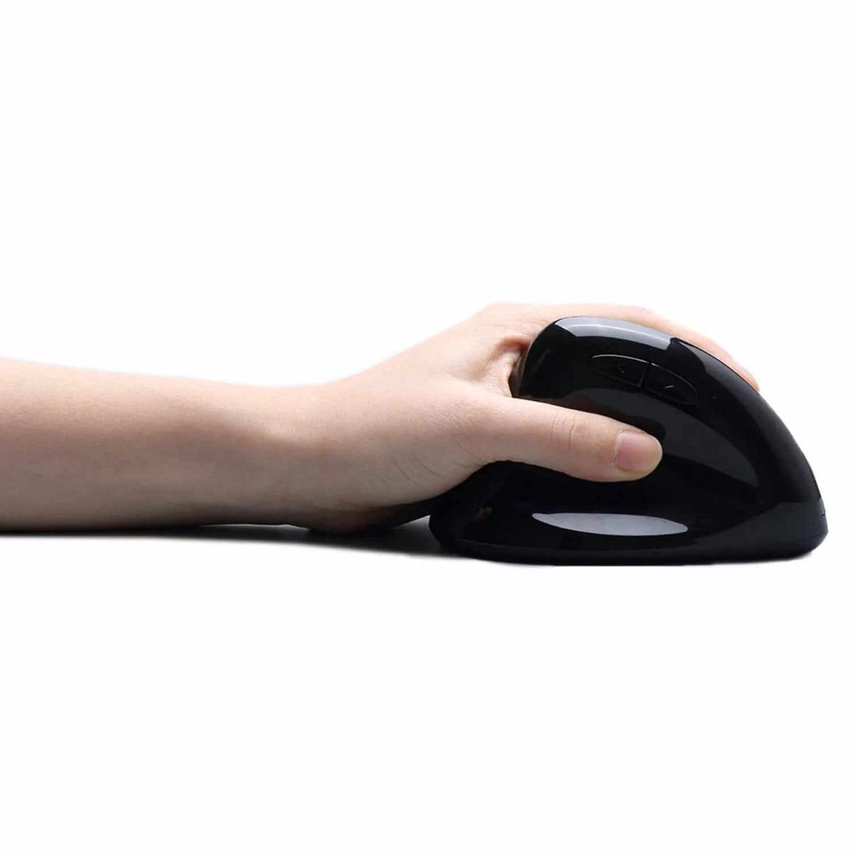 Hand holding iMouse E70 programmable vertical wireless mouse showcasing ergonomic design and comfortable grip.