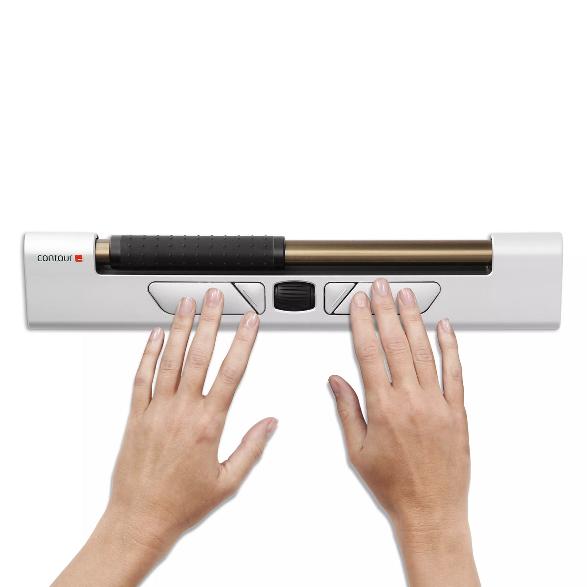 Hands resting either side of a RollerMouse Red wireless rollerbar