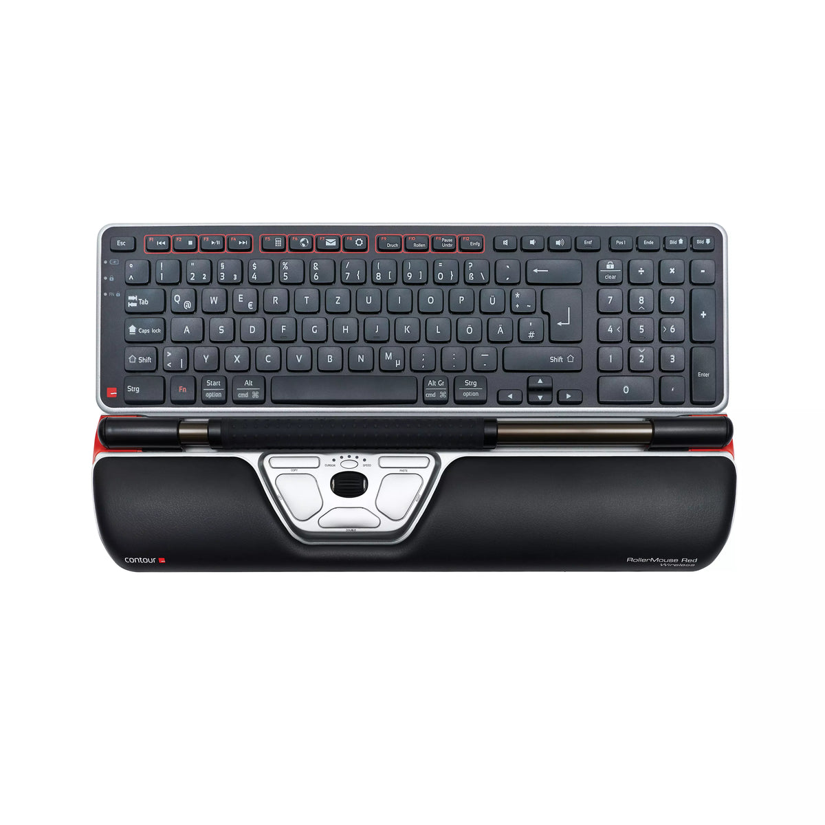 RollerMouse Red wireless shown from above with a keyboard resting on top