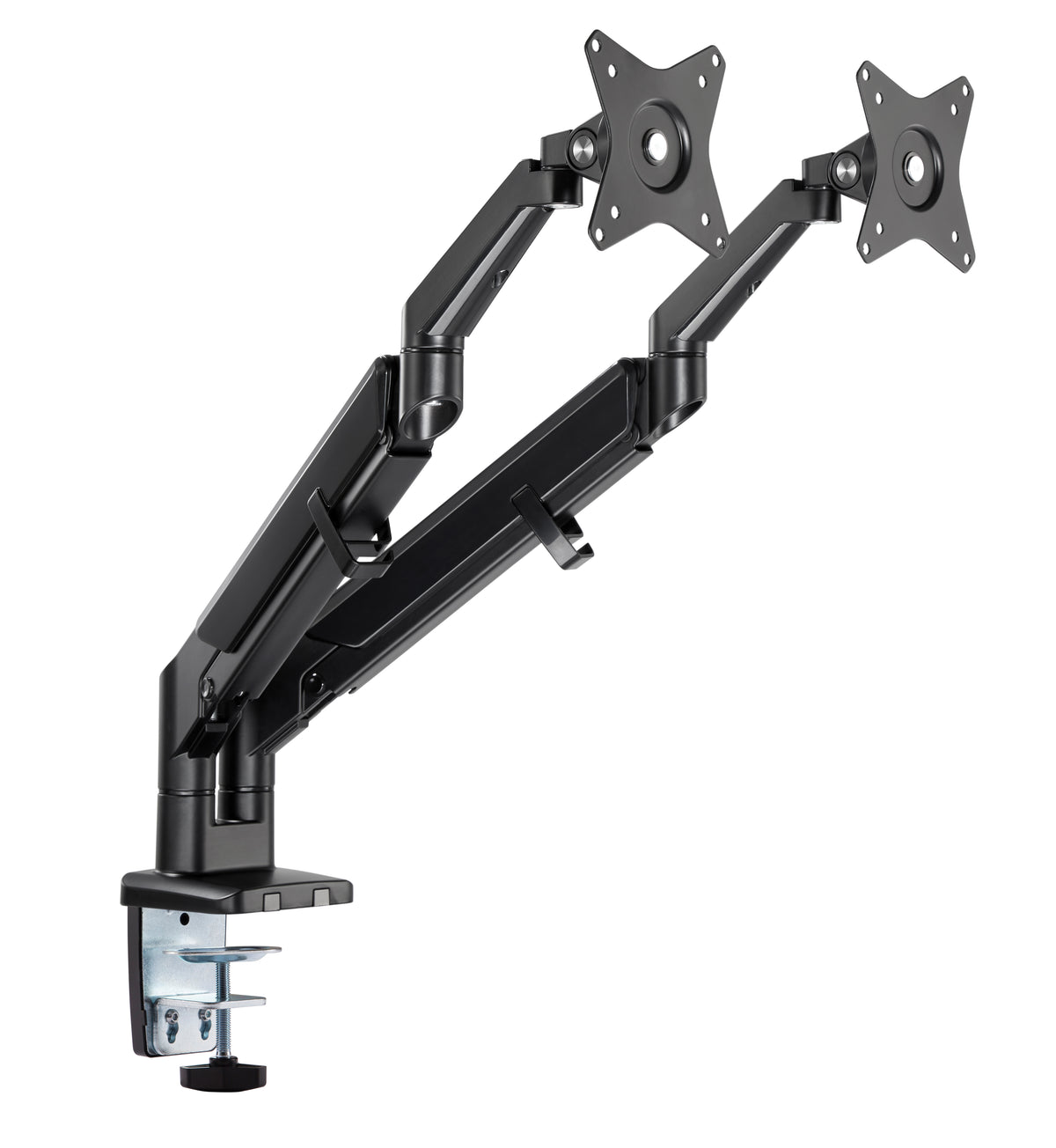 Black dual monitor arm viewed from the side, showing the gas spring joints