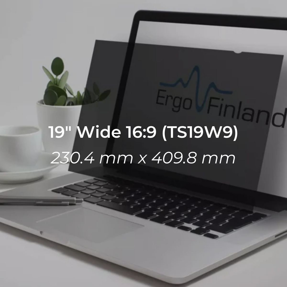 Product graphic for the 19 inch 16:9 privacy filter showing its dimensions