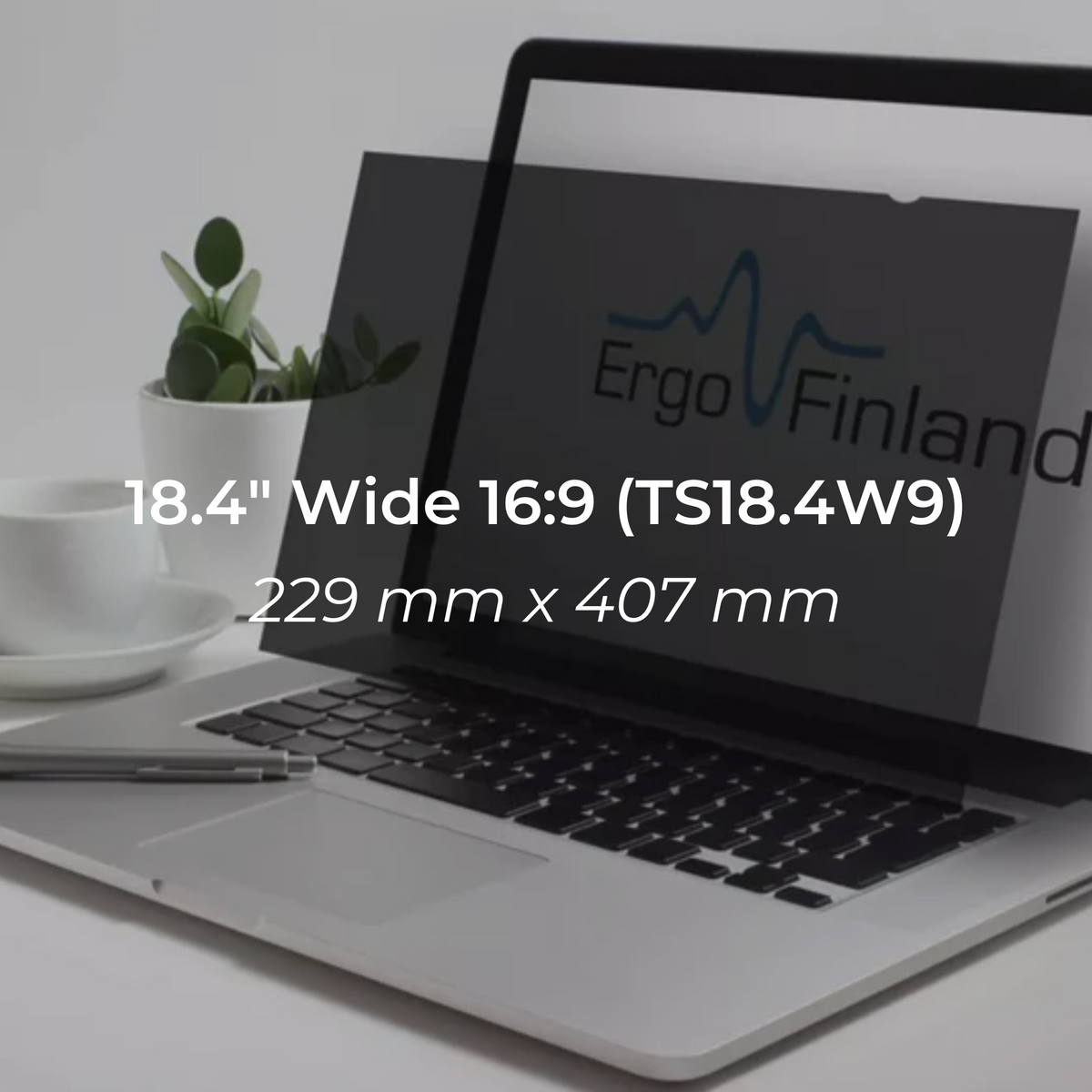Product graphic for the 18.4 inch 16:9 privacy filter showing its dimensions