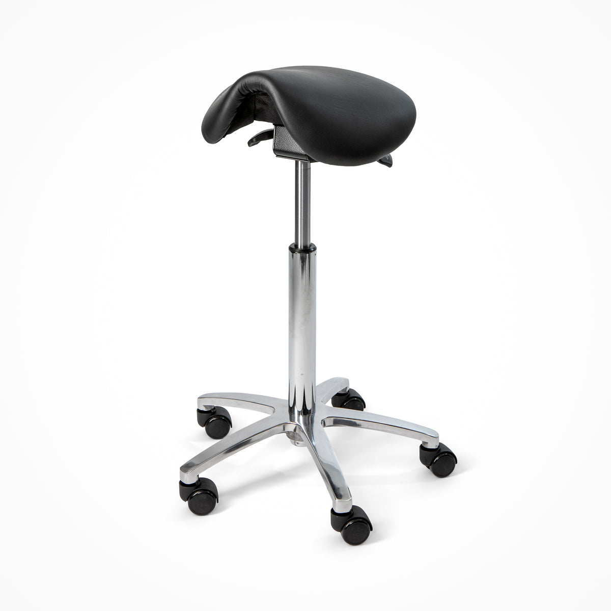 Matilda saddle chair in black leather on a polished five-star castor base