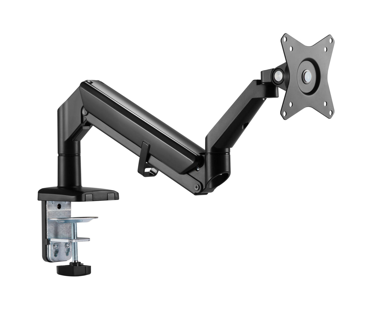 Black LCD monitor arm fully extended from its desk clamp
